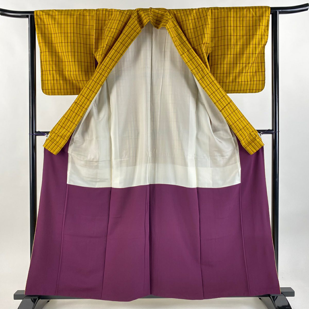 【美品】 紬織 身長158cm 袖長62cm S 雙層 格子 山吹 純蠶絲 逸品級