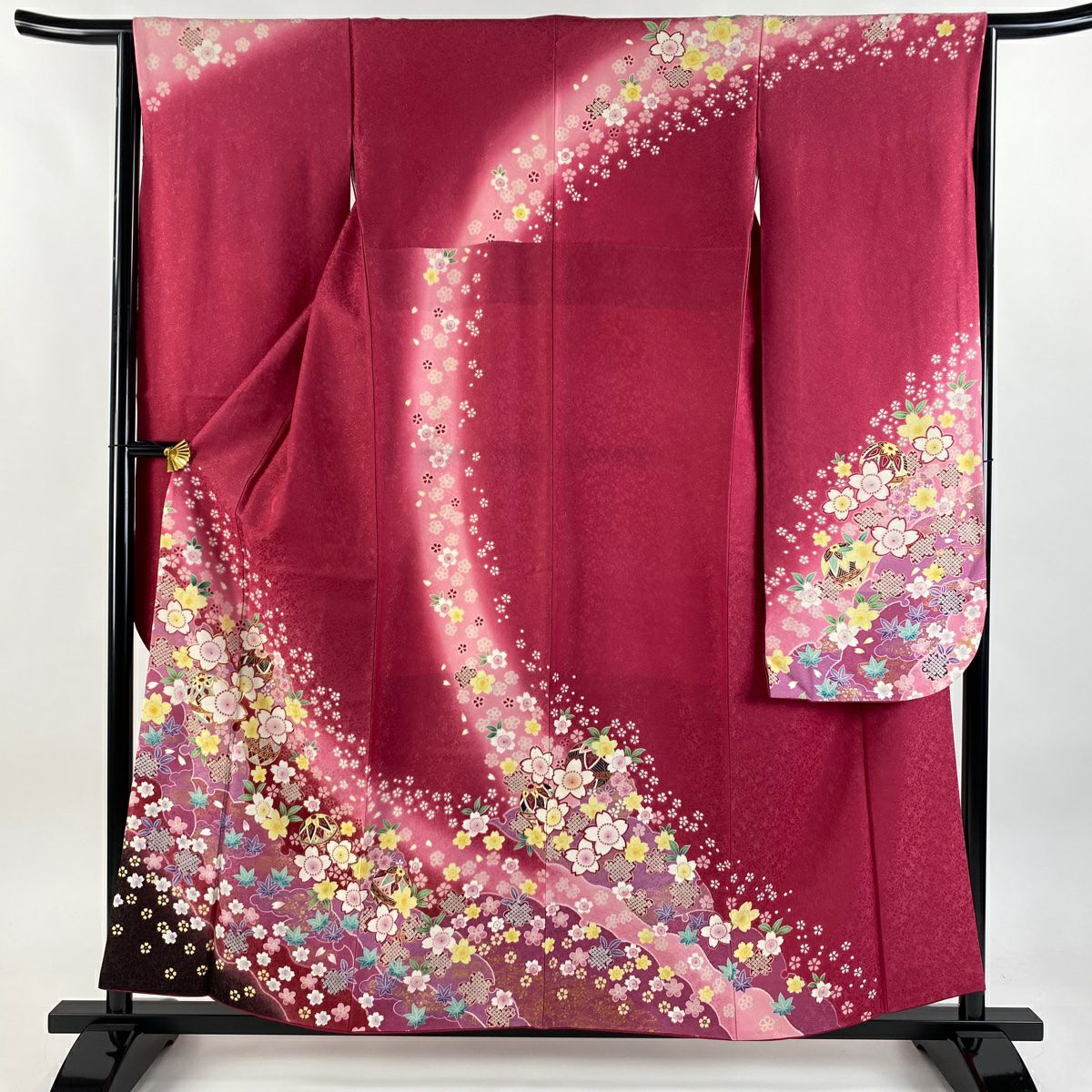 【美品】振袖禮服 身長157cm 袖長64cm M 雙層 櫻花 雪輪 金絲 金通 玫瑰紅 純蠶絲 逸品級