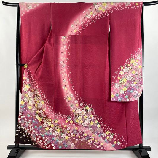 【美品】振袖禮服 身長157cm 袖長64cm M 雙層 櫻花 雪輪 金絲 金通 玫瑰紅 純蠶絲 逸品級