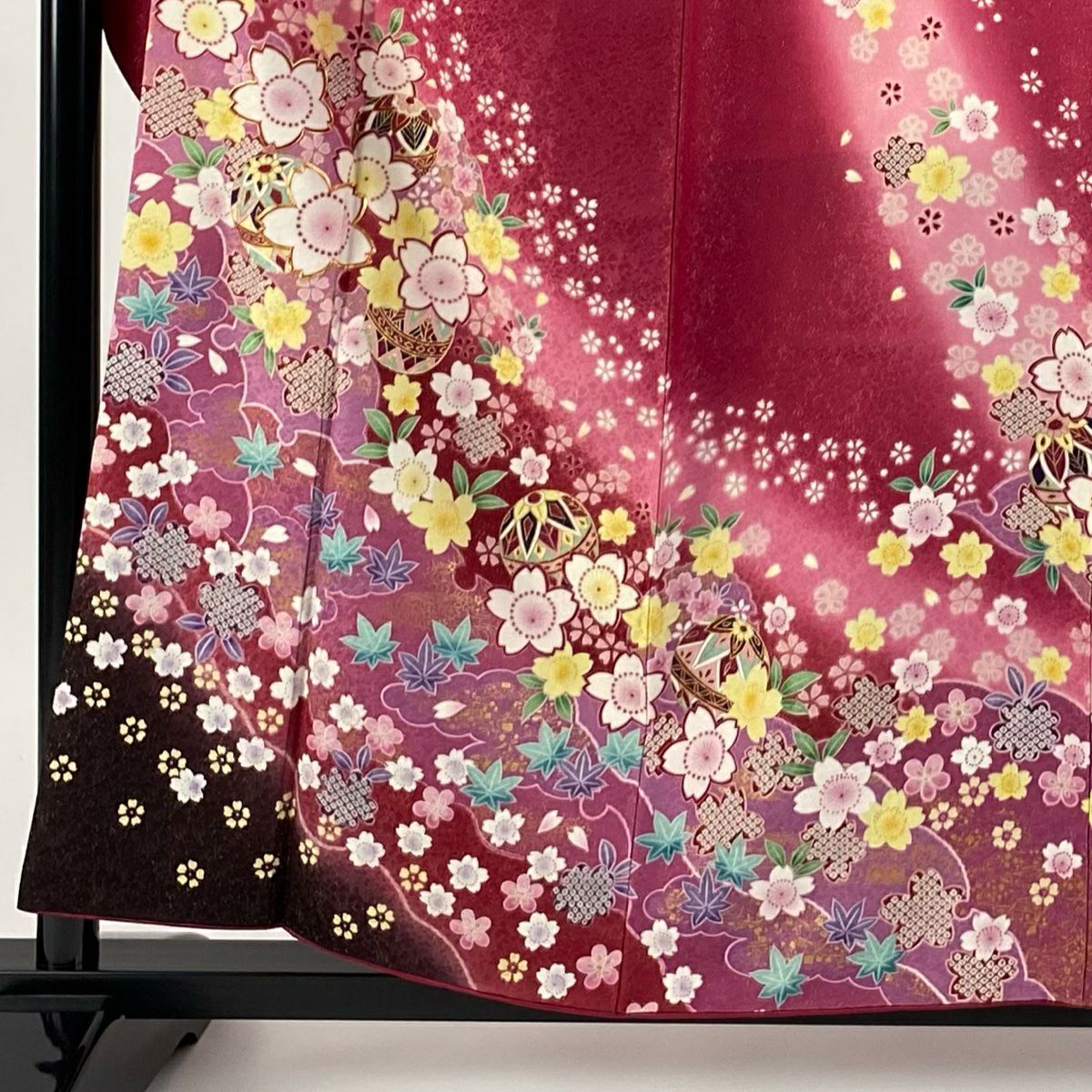 【美品】振袖禮服 身長157cm 袖長64cm M 雙層 櫻花 雪輪 金絲 金通 玫瑰紅 純蠶絲 逸品級
