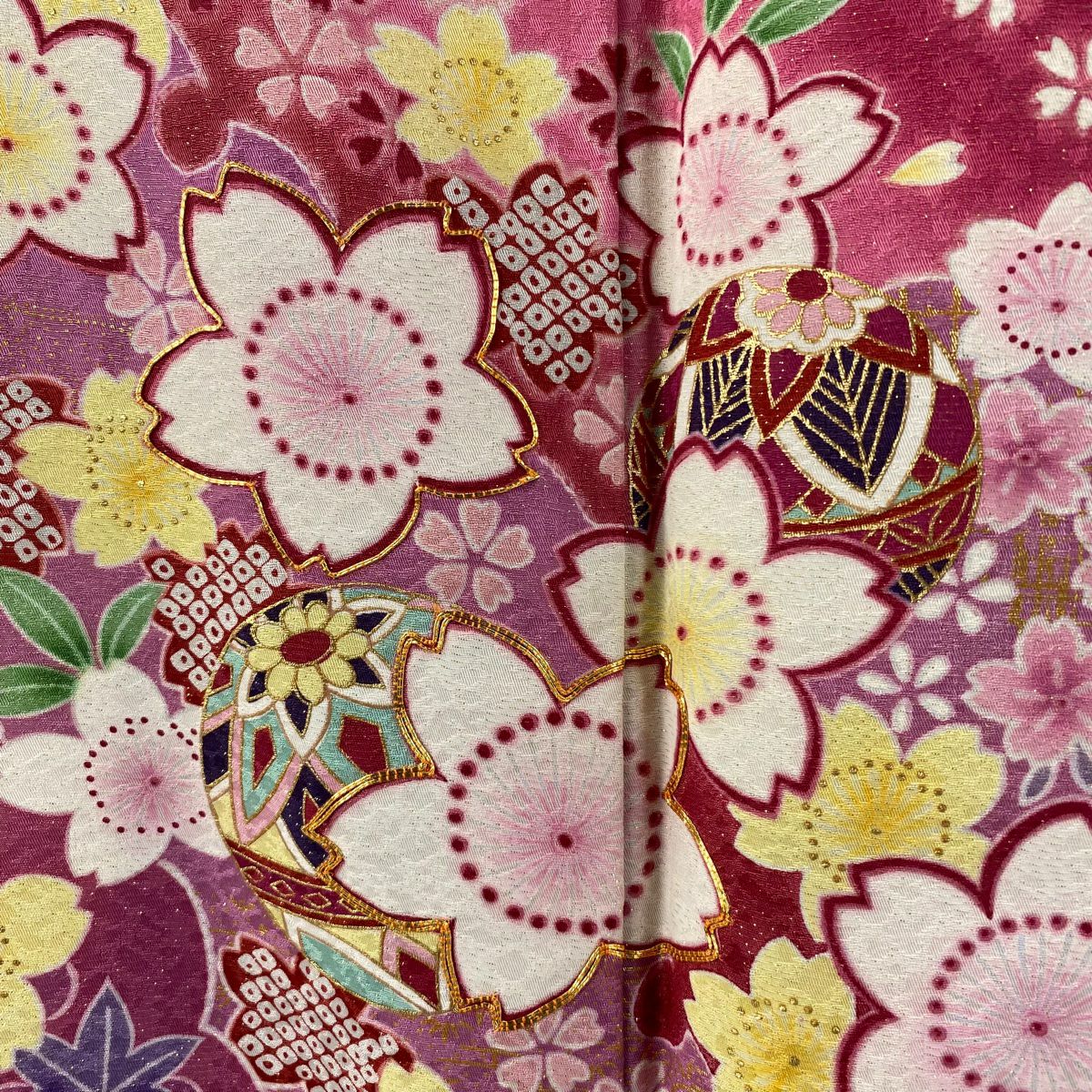 【美品】振袖禮服 身長157cm 袖長64cm M 雙層 櫻花 雪輪 金絲 金通 玫瑰紅 純蠶絲 逸品級