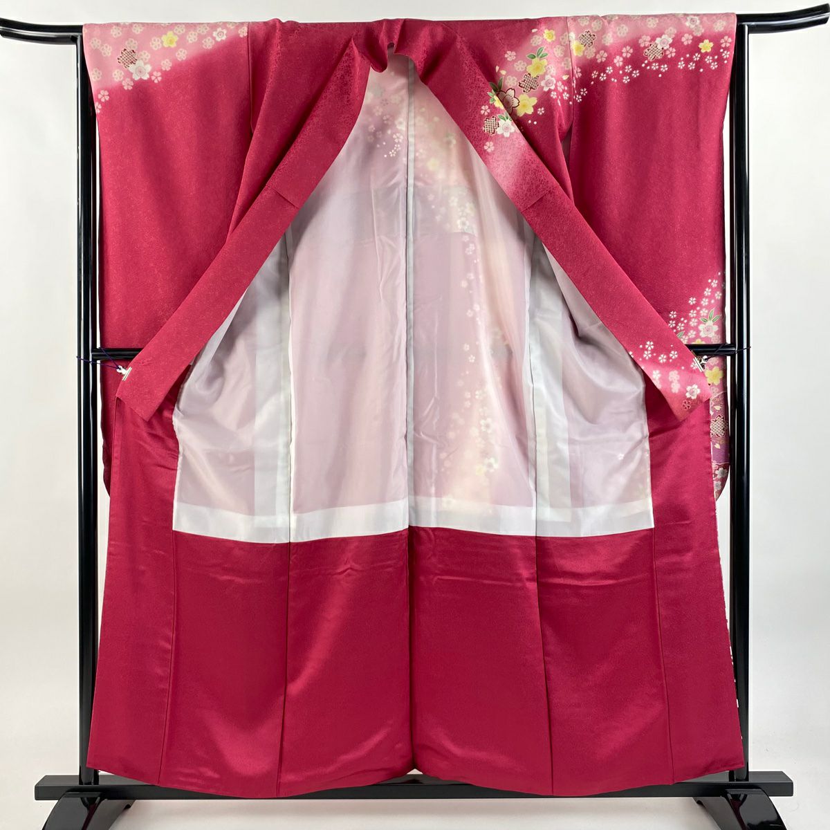 【美品】振袖禮服 身長157cm 袖長64cm M 雙層 櫻花 雪輪 金絲 金通 玫瑰紅 純蠶絲 逸品級
