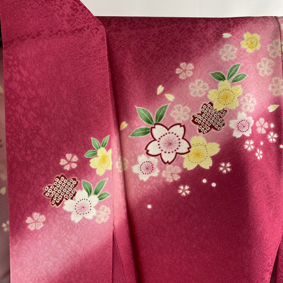 【美品】振袖禮服 身長157cm 袖長64cm M 雙層 櫻花 雪輪 金絲 金通 玫瑰紅 純蠶絲 逸品級