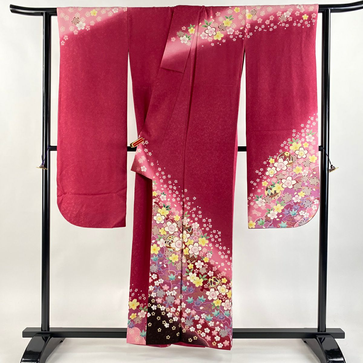 【美品】振袖禮服 身長157cm 袖長64cm M 雙層 櫻花 雪輪 金絲 金通 玫瑰紅 純蠶絲 逸品級