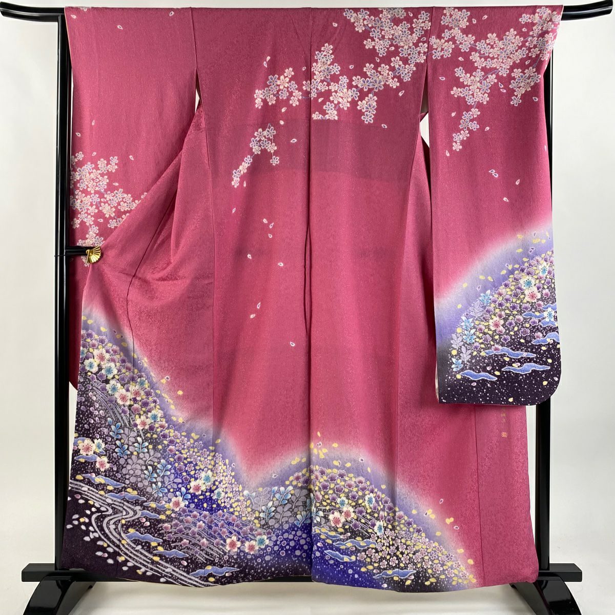 【美品】振袖禮服 身長160cm 袖長66cm M 雙層 有落款 櫻花 流水 金銀彩 絞染 粉紅 純蠶絲 逸品級