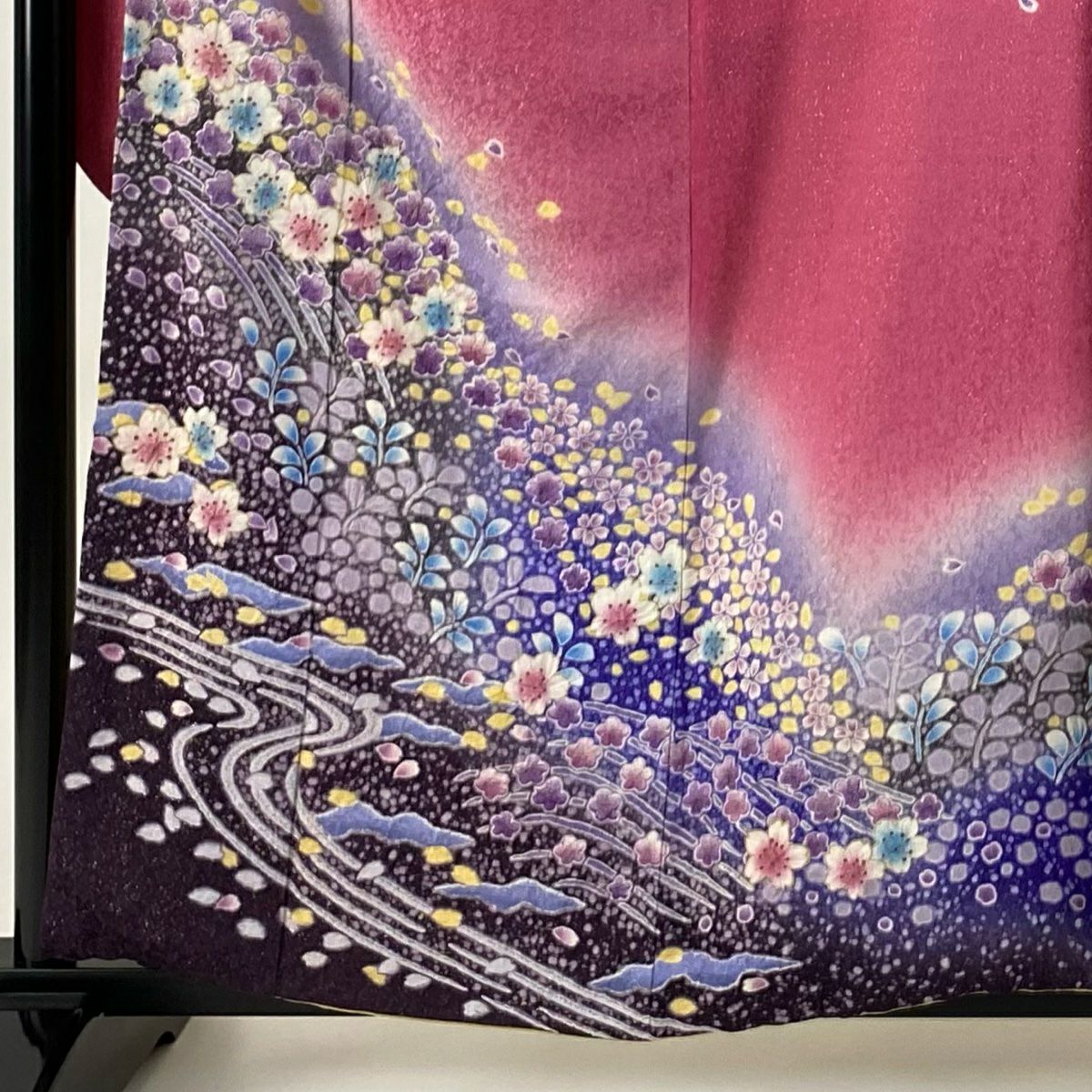 【美品】振袖禮服 身長160cm 袖長66cm M 雙層 有落款 櫻花 流水 金銀彩 絞染 粉紅 純蠶絲 逸品級