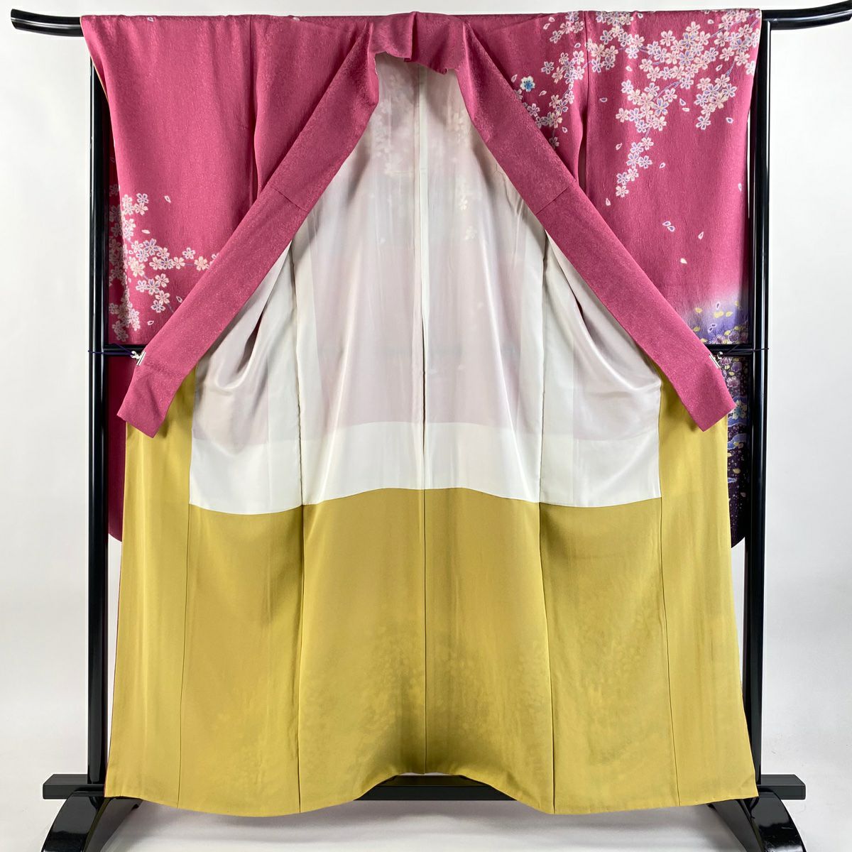 【美品】振袖禮服 身長160cm 袖長66cm M 雙層 有落款 櫻花 流水 金銀彩 絞染 粉紅 純蠶絲 逸品級