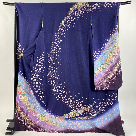 振袖禮服 身長170.5cm 袖長68.5cm L 雙層 辻花染 櫻花 銀通 金銀彩 青紫 純蠶絲 逸品級