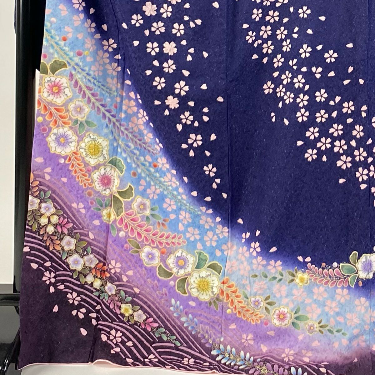 振袖禮服 身長170.5cm 袖長68.5cm L 雙層 辻花染 櫻花 銀通 金銀彩 青紫 純蠶絲 逸品級