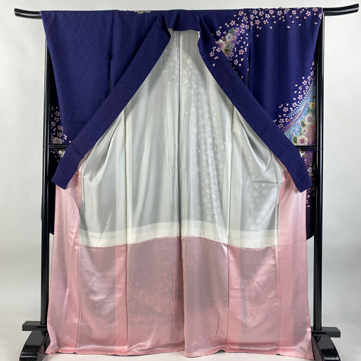 振袖禮服 身長170.5cm 袖長68.5cm L 雙層 辻花染 櫻花 銀通 金銀彩 青紫 純蠶絲 逸品級