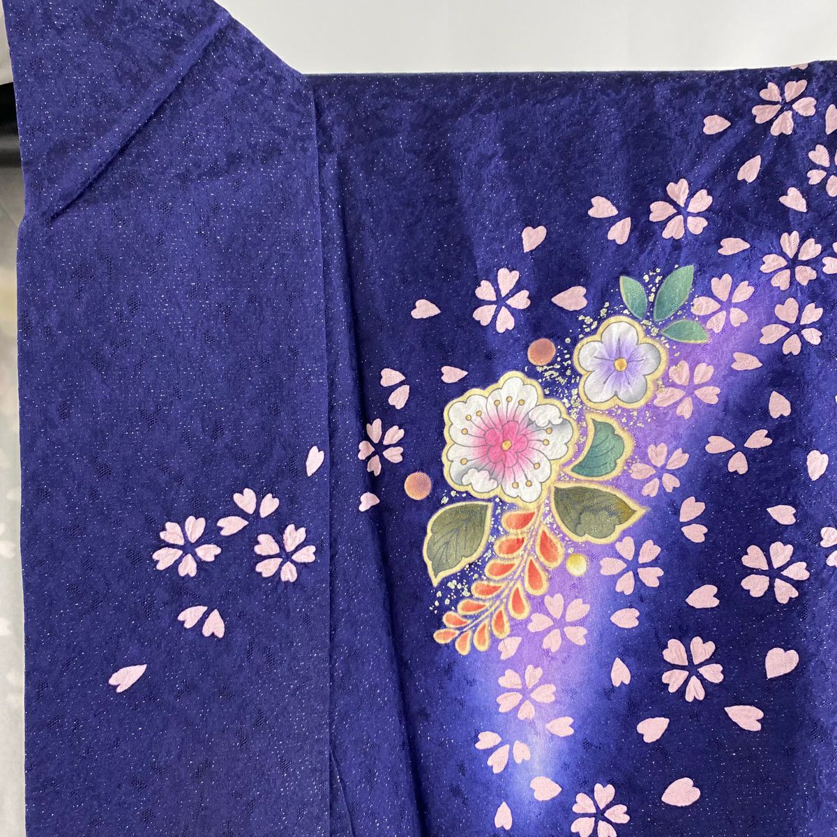 振袖禮服 身長170.5cm 袖長68.5cm L 雙層 辻花染 櫻花 銀通 金銀彩 青紫 純蠶絲 逸品級