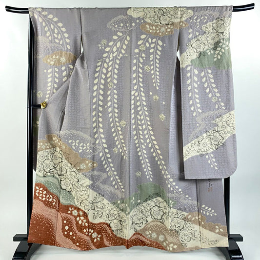 振袖禮服 身長162cm 袖長68.5cm L 雙層 落款あり 辻花染 霞 金絲 絞染 灰紫 純蠶絲 逸品級