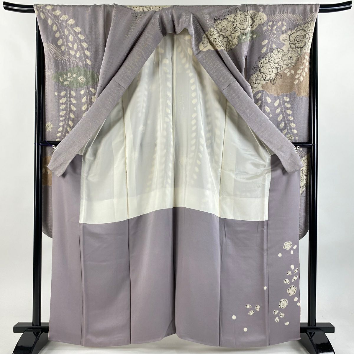 振袖禮服 身長162cm 袖長68.5cm L 雙層 落款あり 辻花染 霞 金絲 絞染 灰紫 純蠶絲 逸品級