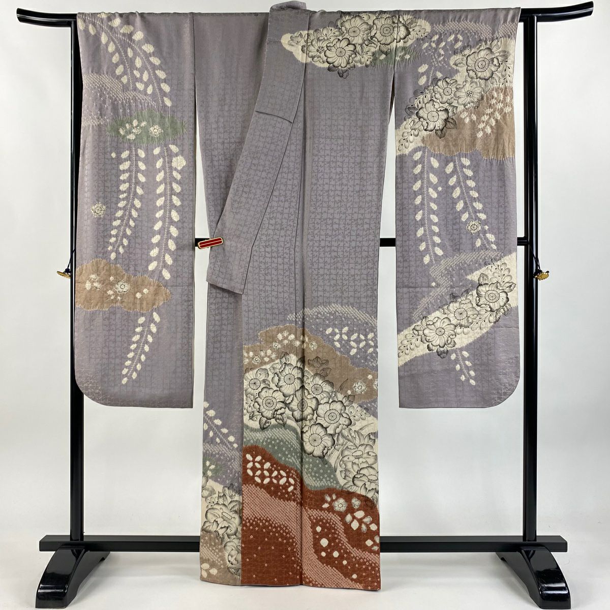 振袖禮服 身長162cm 袖長68.5cm L 雙層 落款あり 辻花染 霞 金絲 絞染 灰紫 純蠶絲 逸品級