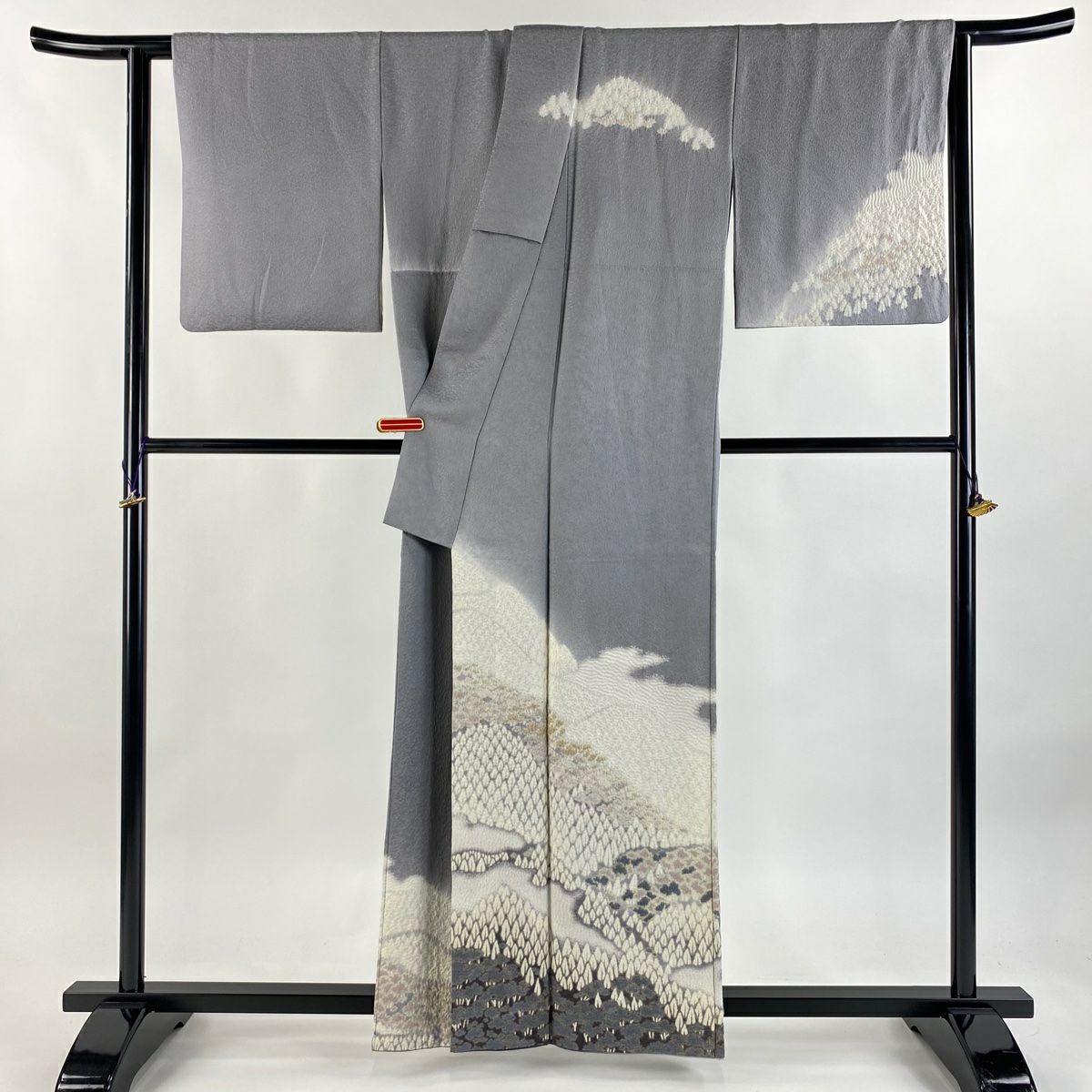 訪問服 身長159cm 袖長66cm M 雙層 滝泰 有落款 樹木 霞 銀通し 絞染 灰紫 純蠶絲 逸品級