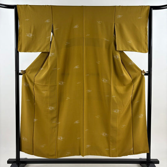 【美品】 小紋 身長153.5cm 袖長62.5cm S 雙層 松樹葉 銀杏茶 純蠶絲 秀品級