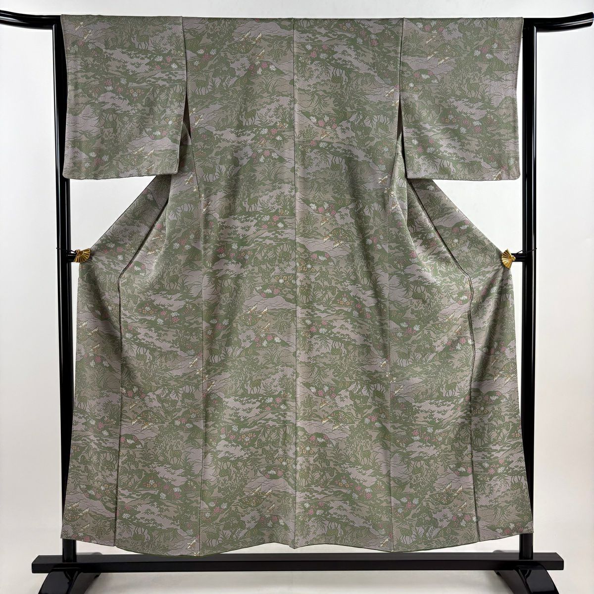 【美品】 小紋 身長153.5cm 袖長63cm S 雙層 鳥 草花紋 灰紫 純蠶絲 秀品級