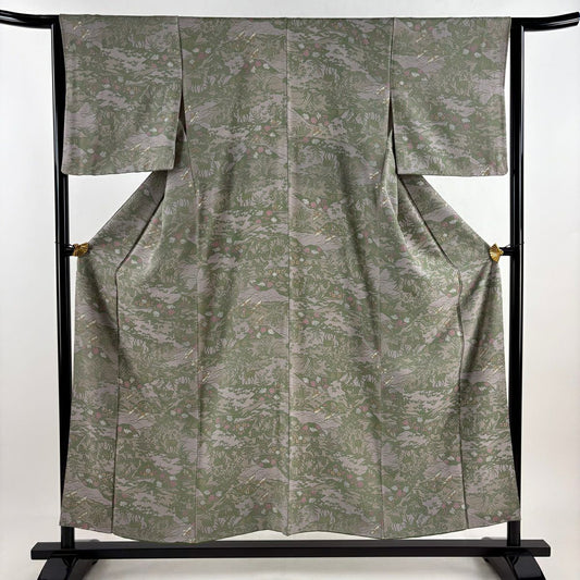 【美品】 小紋 身長153.5cm 袖長63cm S 雙層 鳥 草花紋 灰紫 純蠶絲 秀品級