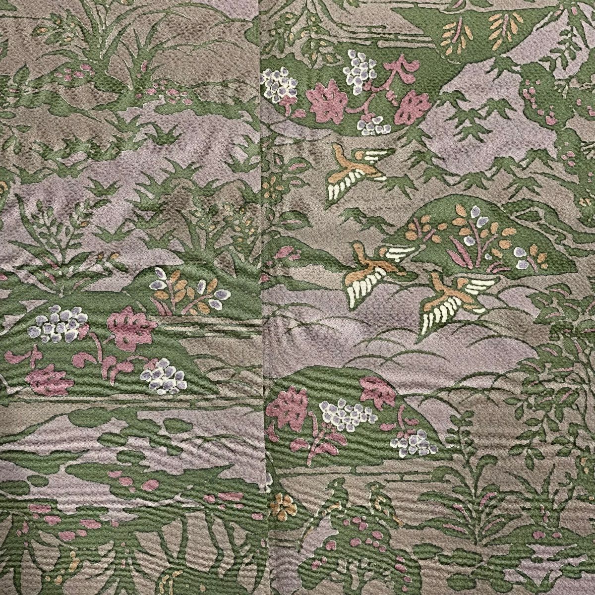 【美品】 小紋 身長153.5cm 袖長63cm S 雙層 鳥 草花紋 灰紫 純蠶絲 秀品級