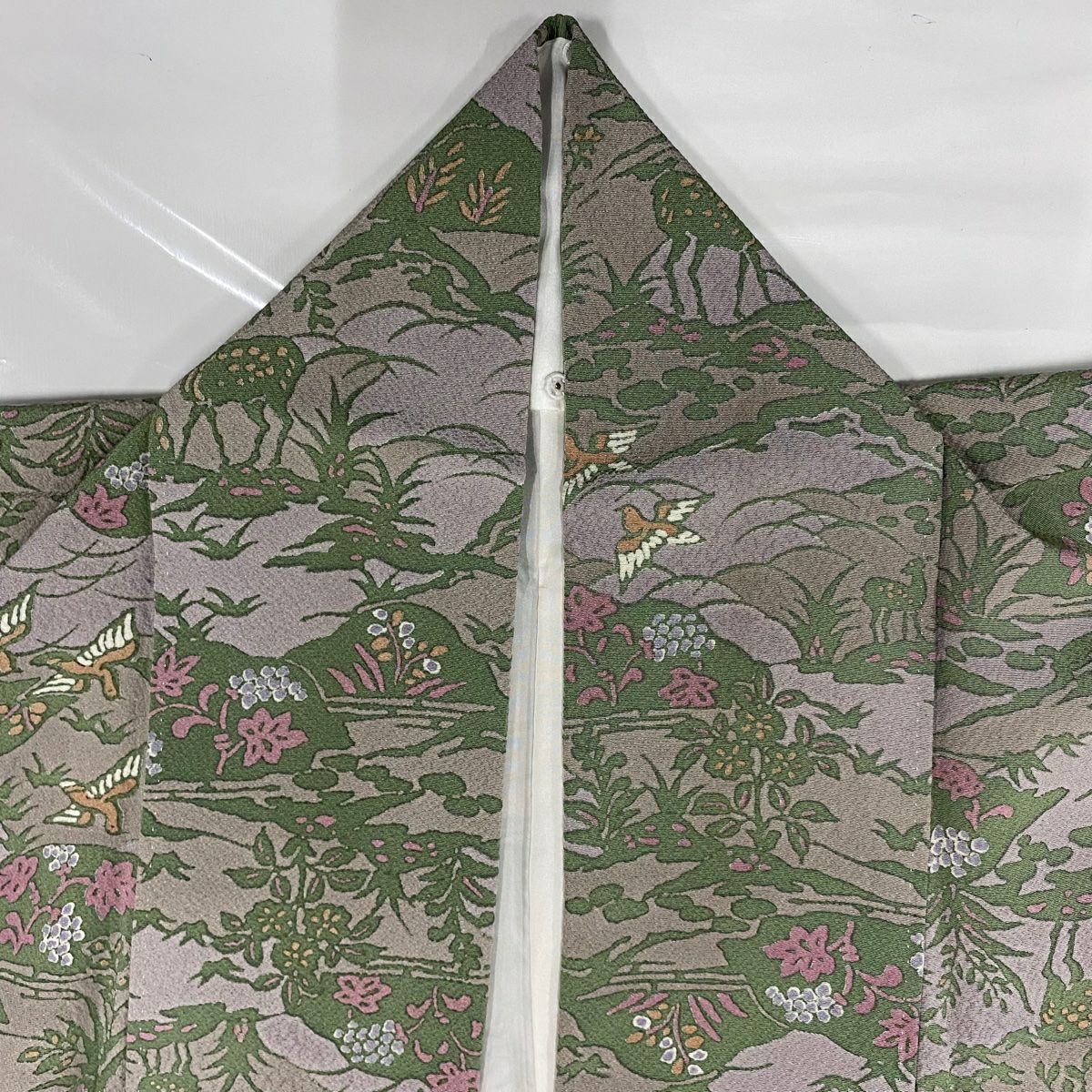 【美品】 小紋 身長153.5cm 袖長63cm S 雙層 鳥 草花紋 灰紫 純蠶絲 秀品級