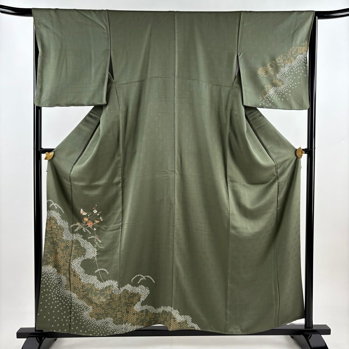 【美品】 付下 身長157cm 袖長65cm M 雙層 菊花 蝶 刺繡 金糸 綠 純蠶絲 秀品級