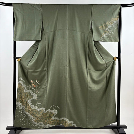 【美品】 付下 身長157cm 袖長65cm M 雙層 菊花 蝶 刺繡 金糸 綠 純蠶絲 秀品級
