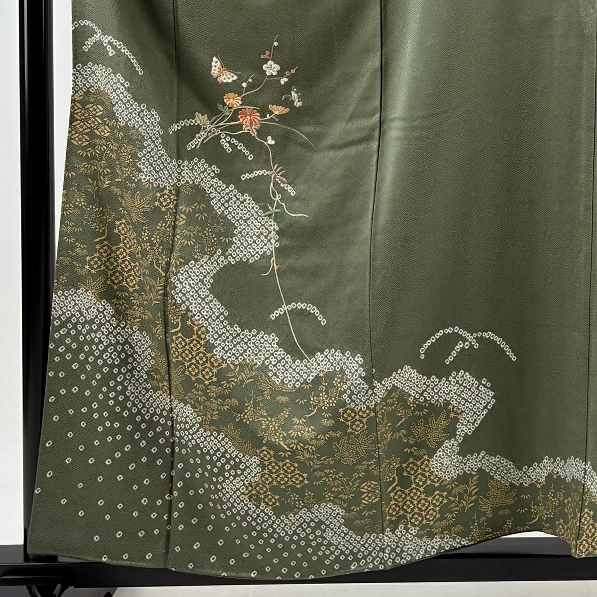 【美品】 付下 身長157cm 袖長65cm M 雙層 菊花 蝶 刺繡 金糸 綠 純蠶絲 秀品級