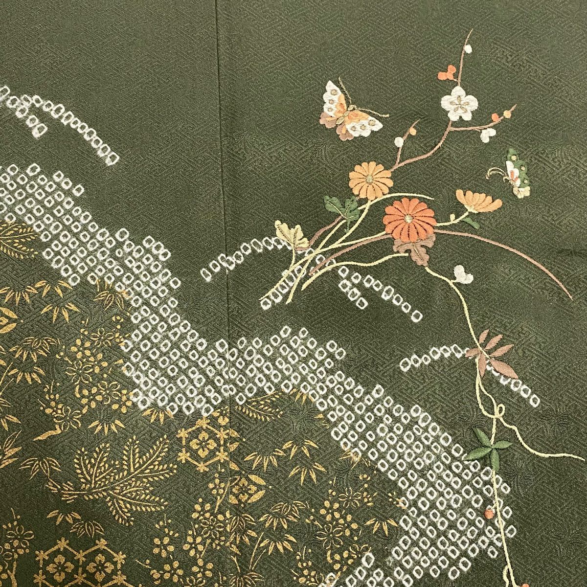 【美品】 付下 身長157cm 袖長65cm M 雙層 菊花 蝶 刺繡 金糸 綠 純蠶絲 秀品級