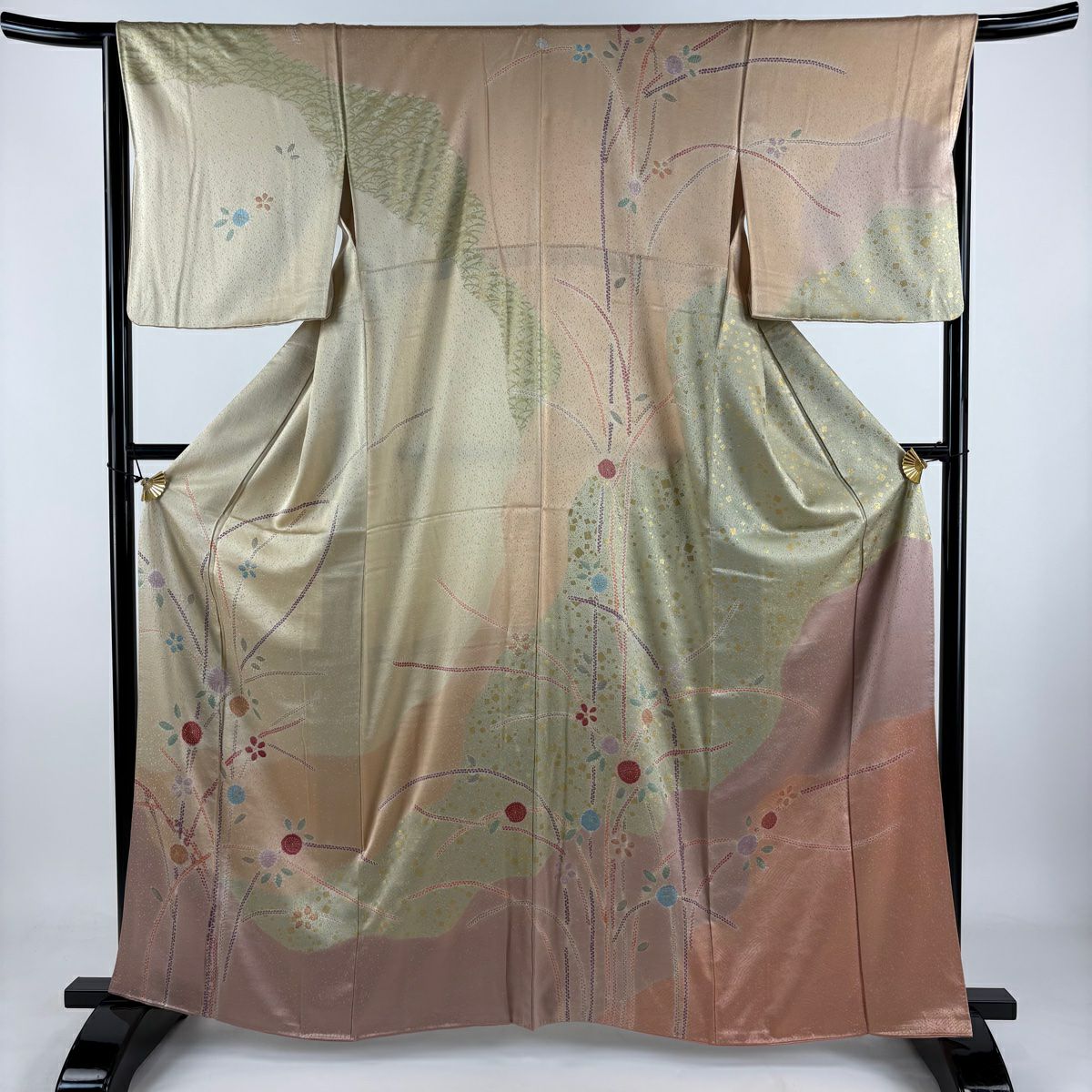 訪問服 身長161.5cm 袖長66.5cm M 雙層 花 道長取 金銀彩 絞染 米色 純蠶絲 秀品級 一つ紋