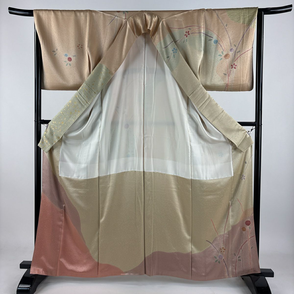 訪問服 身長161.5cm 袖長66.5cm M 雙層 花 道長取 金銀彩 絞染 米色 純蠶絲 秀品級 一つ紋