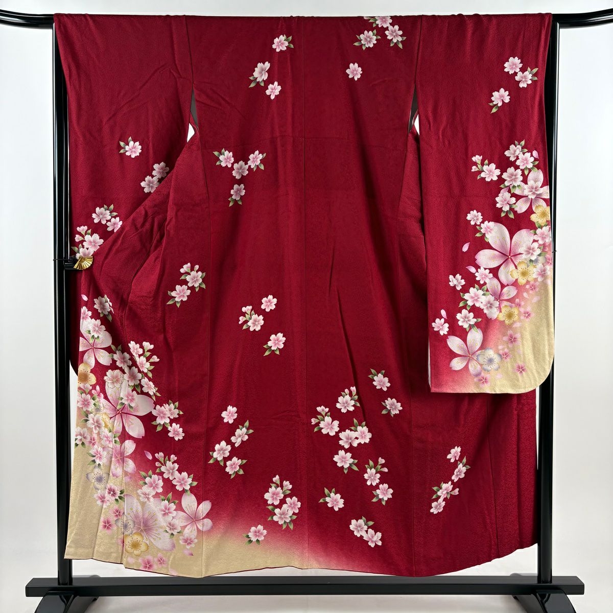 【庫存清倉】振袖禮服 身長152.5cm 袖長65cm M 雙層 大和 櫻花 金金箔 金銀彩 紅 純蠶絲 名品級