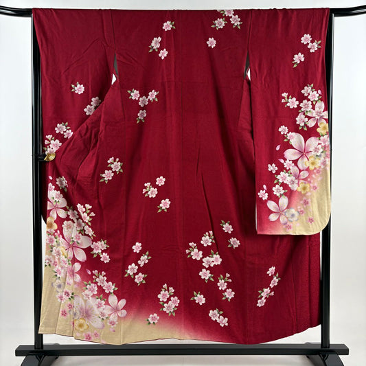【庫存清倉】振袖禮服 身長152.5cm 袖長65cm M 雙層 大和 櫻花 金金箔 金銀彩 紅 純蠶絲 名品級