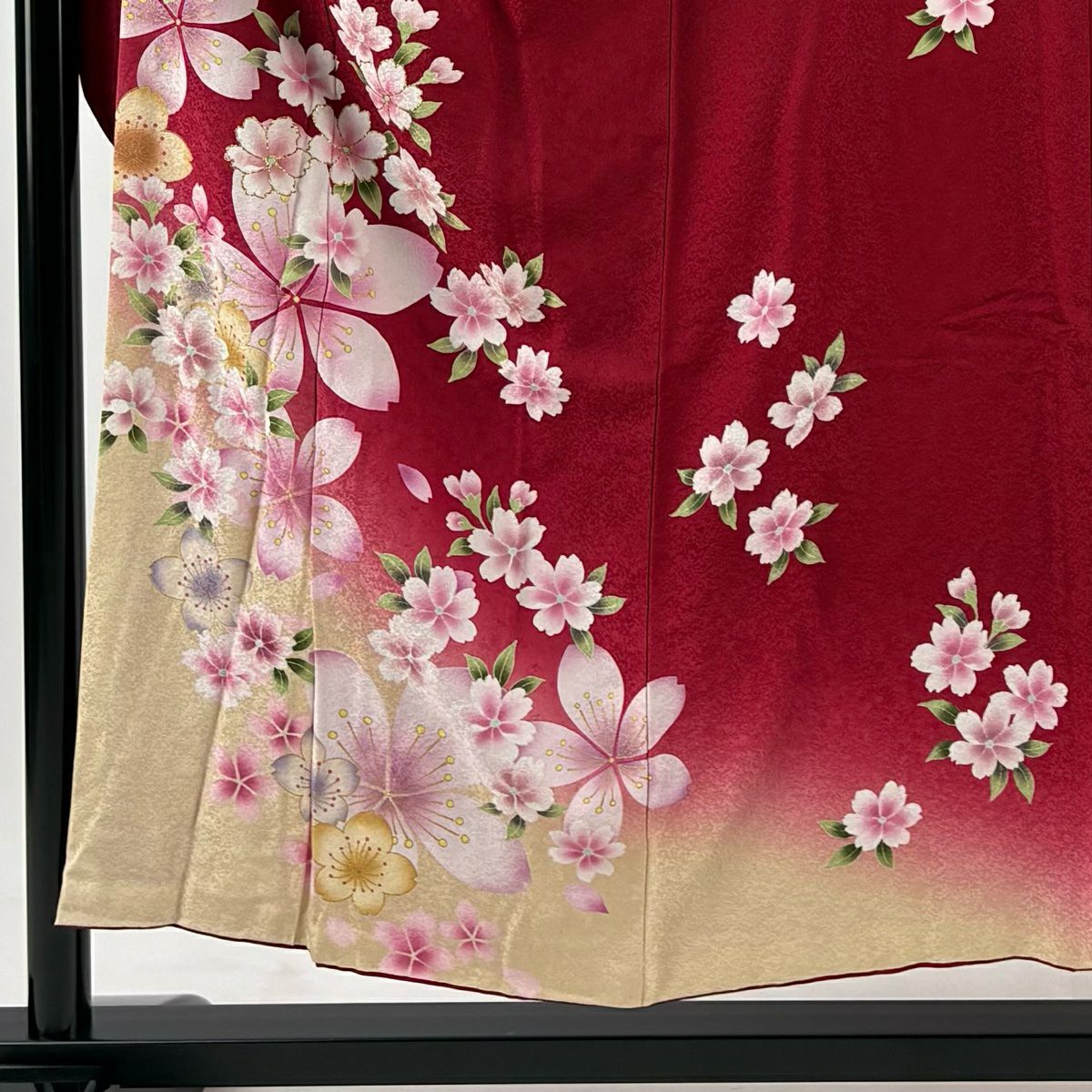 【庫存清倉】振袖禮服 身長152.5cm 袖長65cm M 雙層 大和 櫻花 金金箔 金銀彩 紅 純蠶絲 名品級