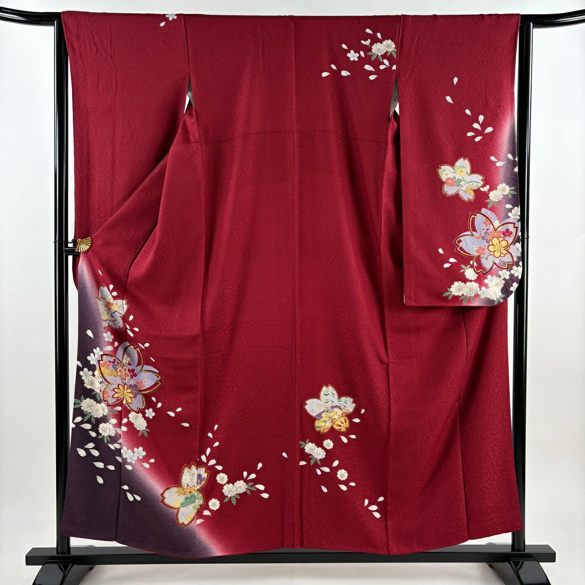 【庫存清倉】振袖禮服 身長155.5cm 袖長64cm M 雙層 櫻花 松樹梅花 金絲 金銀彩 紅 純蠶絲 名品級