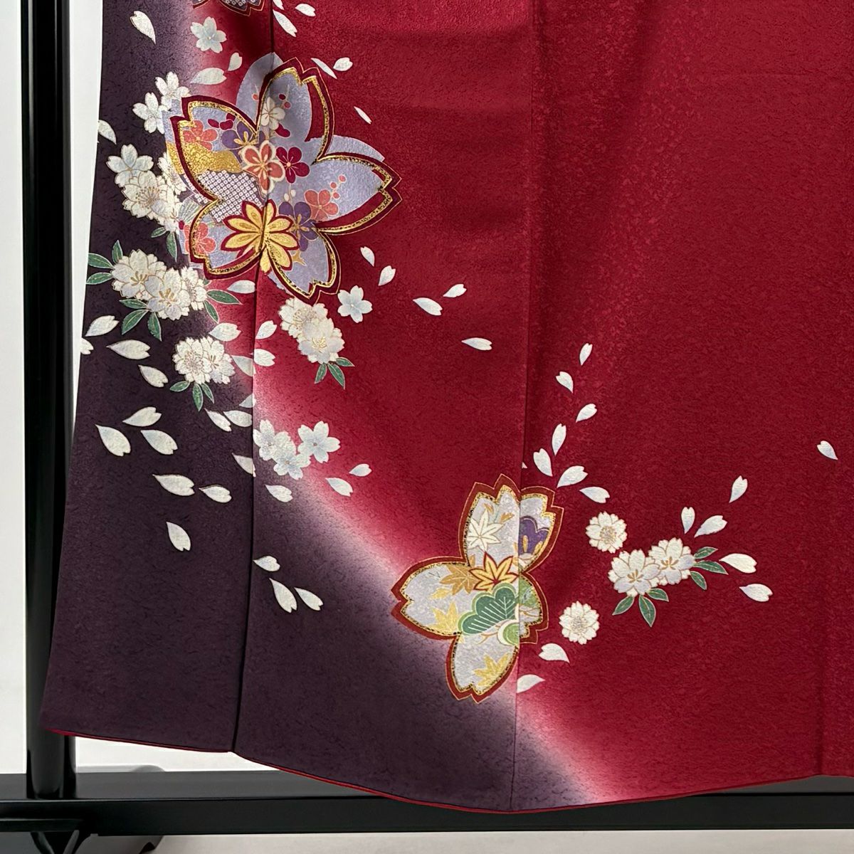 【庫存清倉】振袖禮服 身長155.5cm 袖長64cm M 雙層 櫻花 松樹梅花 金絲 金銀彩 紅 純蠶絲 名品級