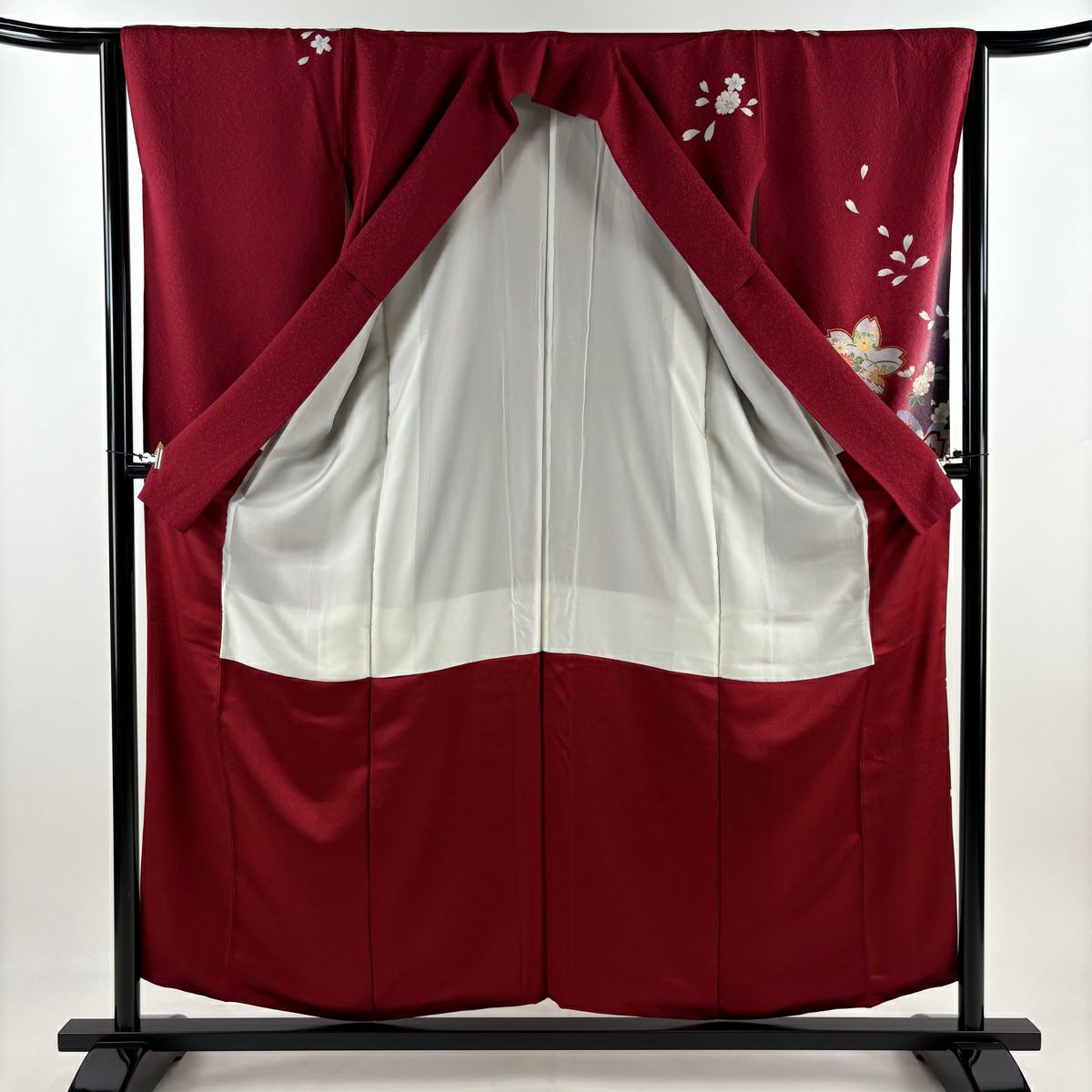 【庫存清倉】振袖禮服 身長155.5cm 袖長64cm M 雙層 櫻花 松樹梅花 金絲 金銀彩 紅 純蠶絲 名品級
