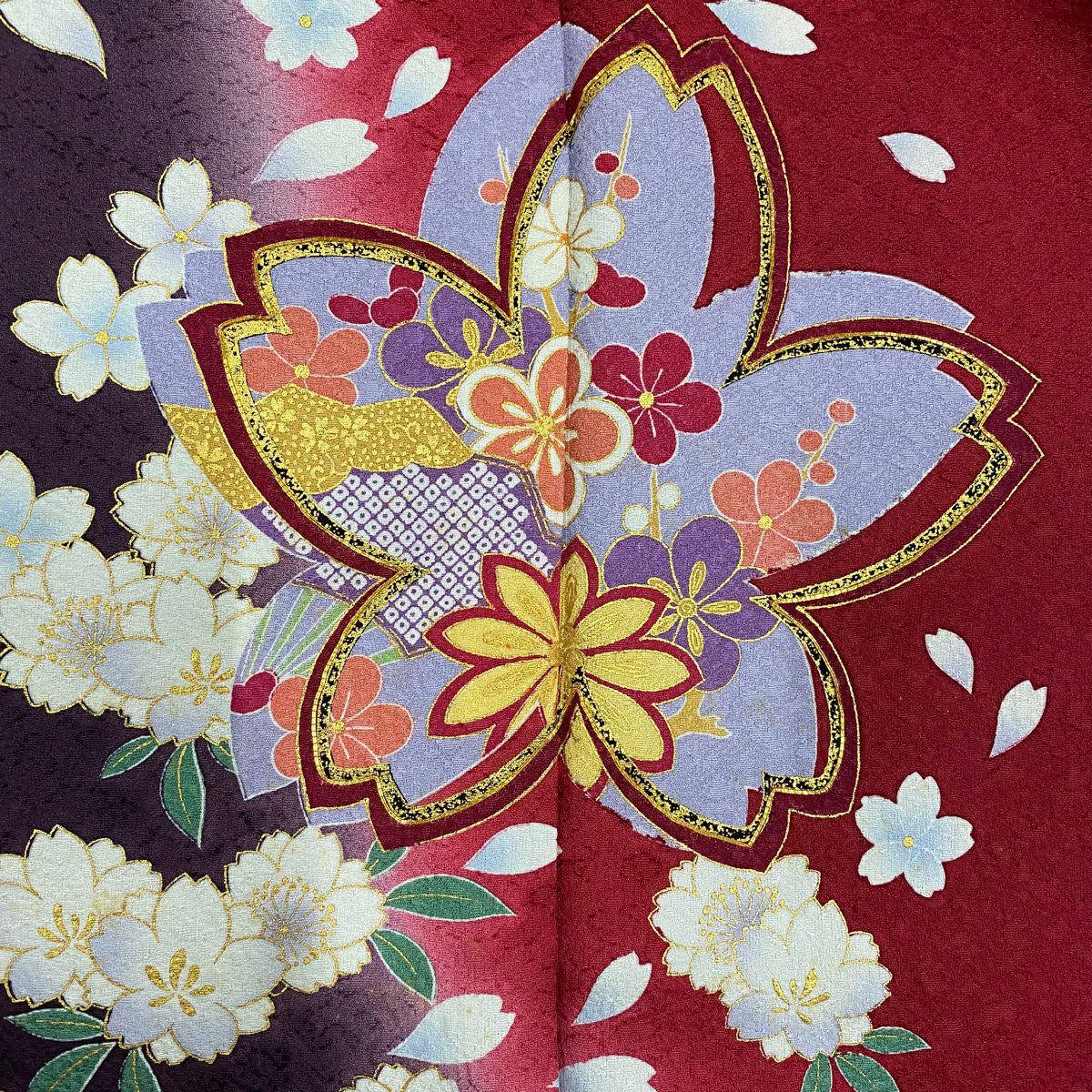 【庫存清倉】振袖禮服 身長155.5cm 袖長64cm M 雙層 櫻花 松樹梅花 金絲 金銀彩 紅 純蠶絲 名品級