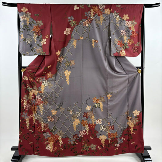 訪問服 身長166.5cm 袖長65.5cm M 雙層 葡萄 斜格子 刺繡 金彩裝飾 深紅 純蠶絲 名品級
