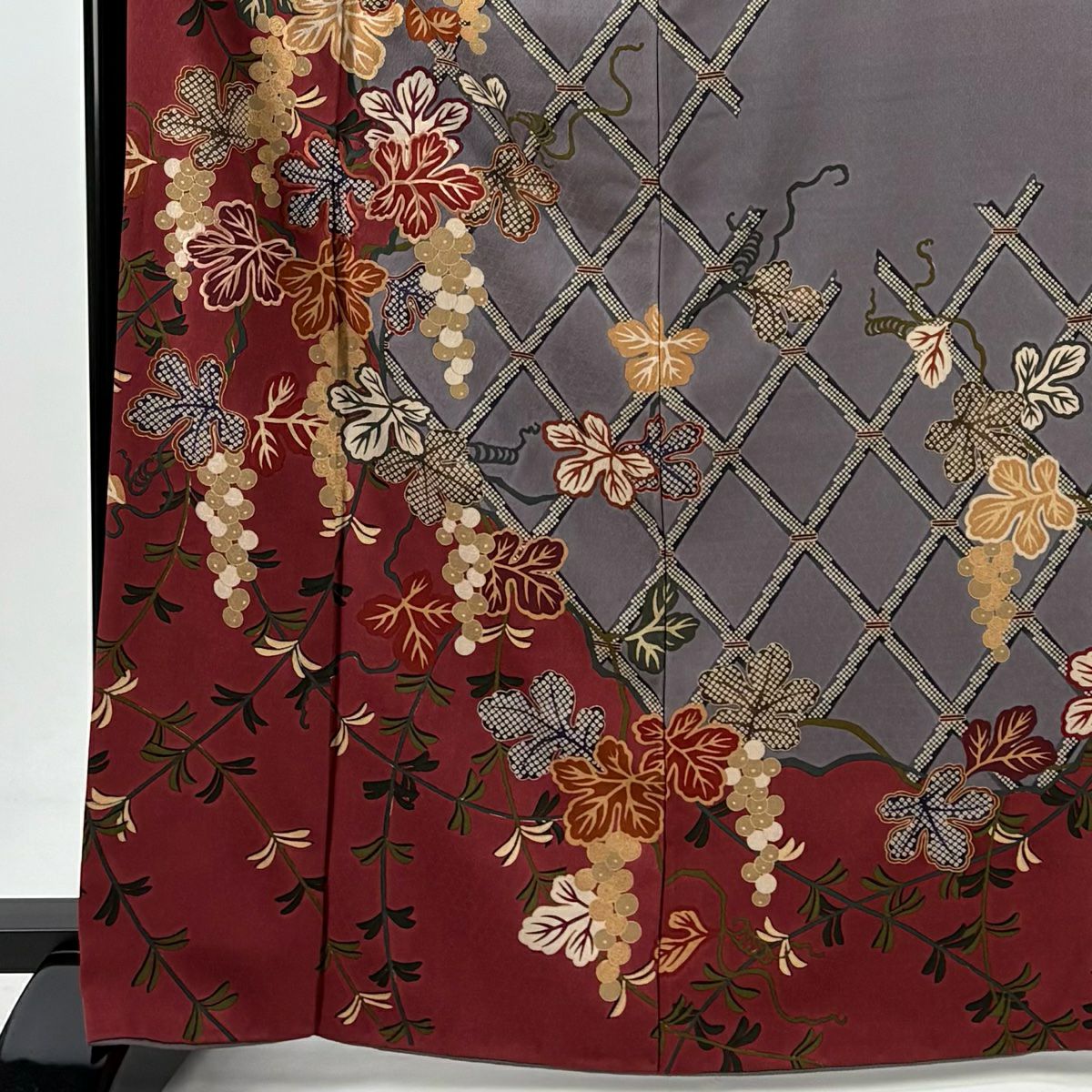 訪問服 身長166.5cm 袖長65.5cm M 雙層 葡萄 斜格子 刺繡 金彩裝飾 深紅 純蠶絲 名品級