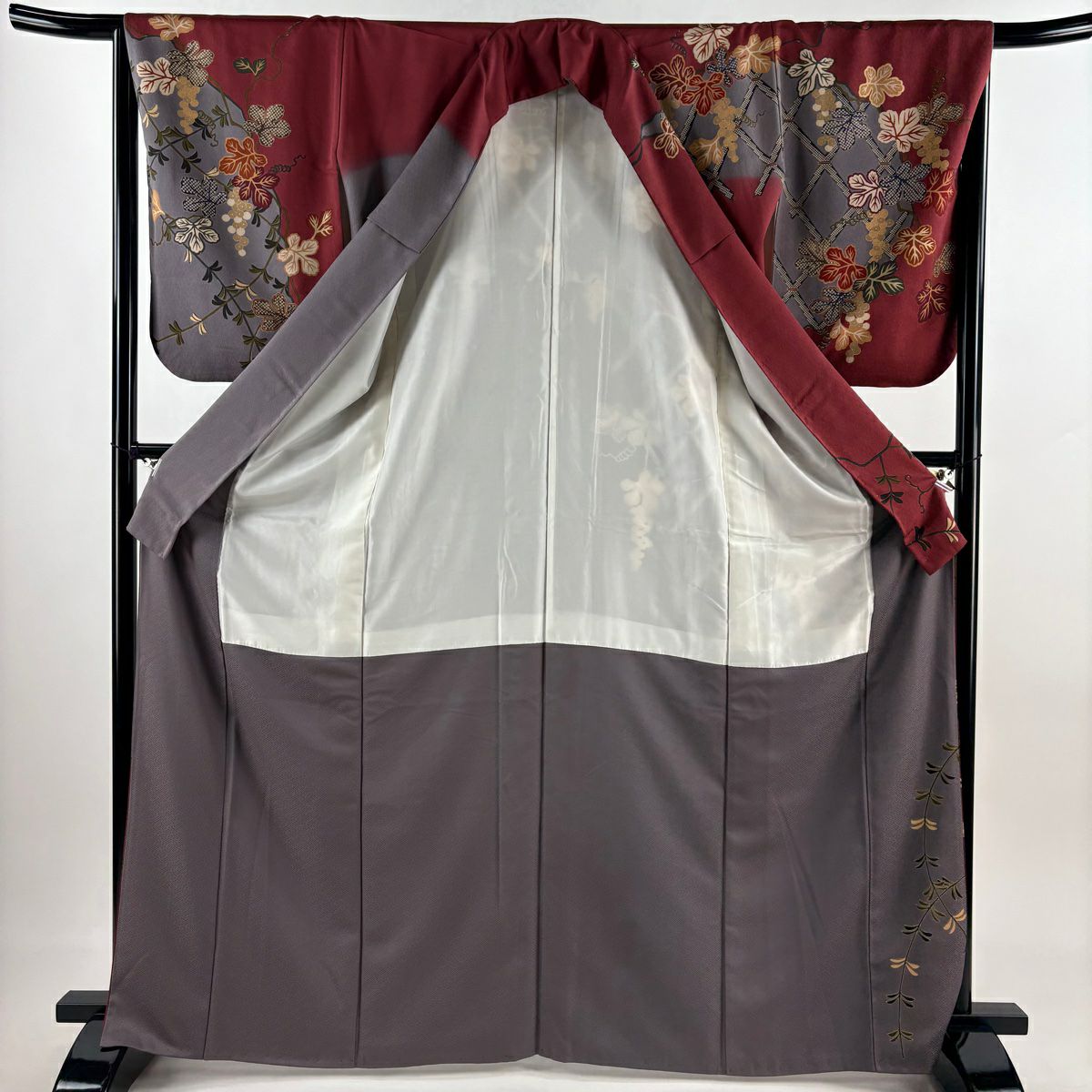 訪問服 身長166.5cm 袖長65.5cm M 雙層 葡萄 斜格子 刺繡 金彩裝飾 深紅 純蠶絲 名品級