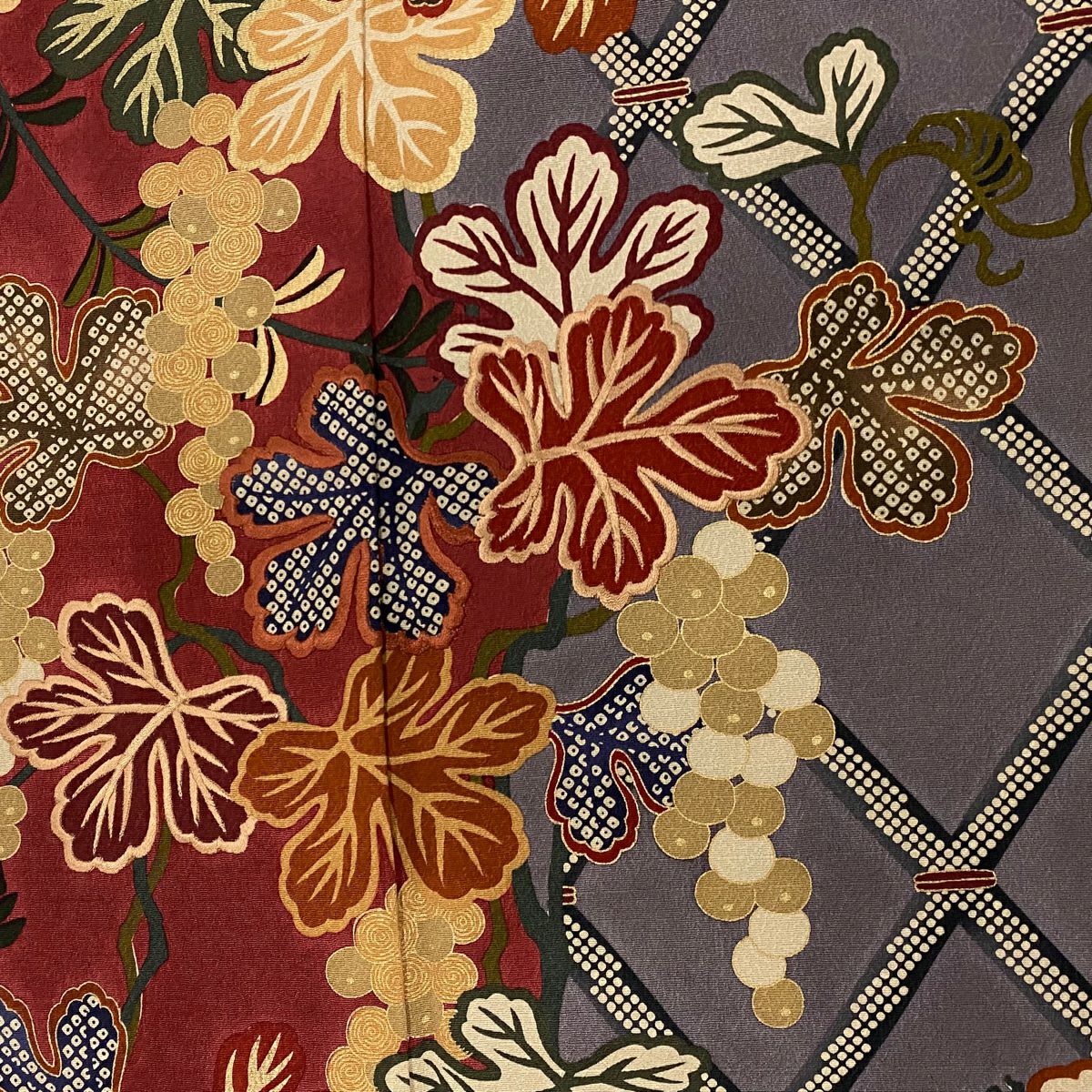 訪問服 身長166.5cm 袖長65.5cm M 雙層 葡萄 斜格子 刺繡 金彩裝飾 深紅 純蠶絲 名品級