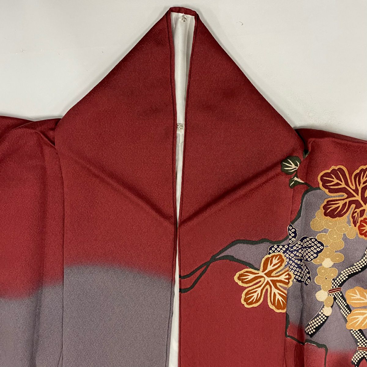 訪問服 身長166.5cm 袖長65.5cm M 雙層 葡萄 斜格子 刺繡 金彩裝飾 深紅 純蠶絲 名品級