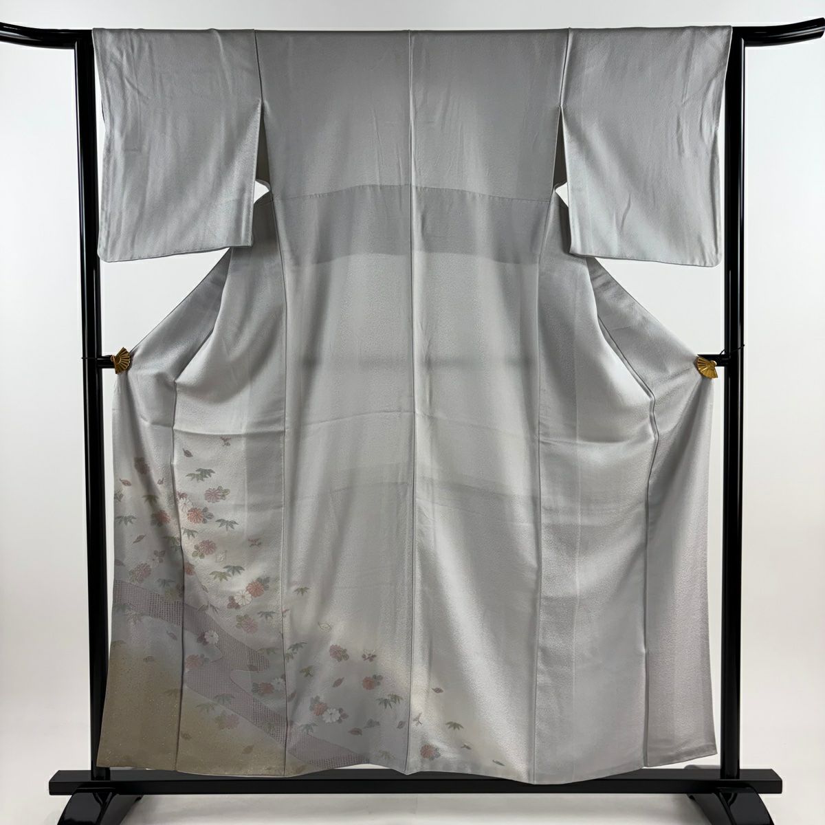 付下 身長158cm 袖長63.5cm S 雙層 菊花 流水 刺繡 金銀彩 灰紫 純蠶絲 秀品級