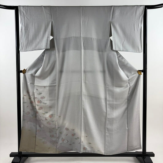 付下 身長158cm 袖長63.5cm S 雙層 菊花 流水 刺繡 金銀彩 灰紫 純蠶絲 秀品級