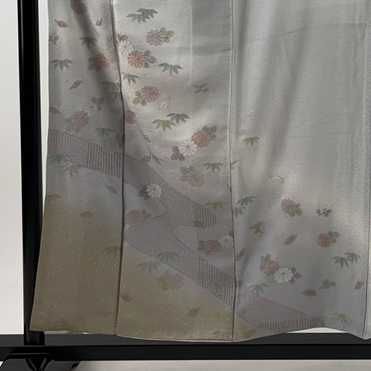 付下 身長158cm 袖長63.5cm S 雙層 菊花 流水 刺繡 金銀彩 灰紫 純蠶絲 秀品級