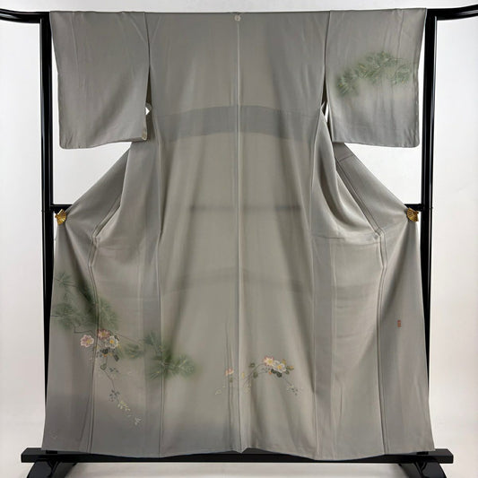 訪問服 身長158cm 袖長62cm S 雙層 落款あり 松樹枝花 漸層 灰綠 純蠶絲 秀品級 一つ紋