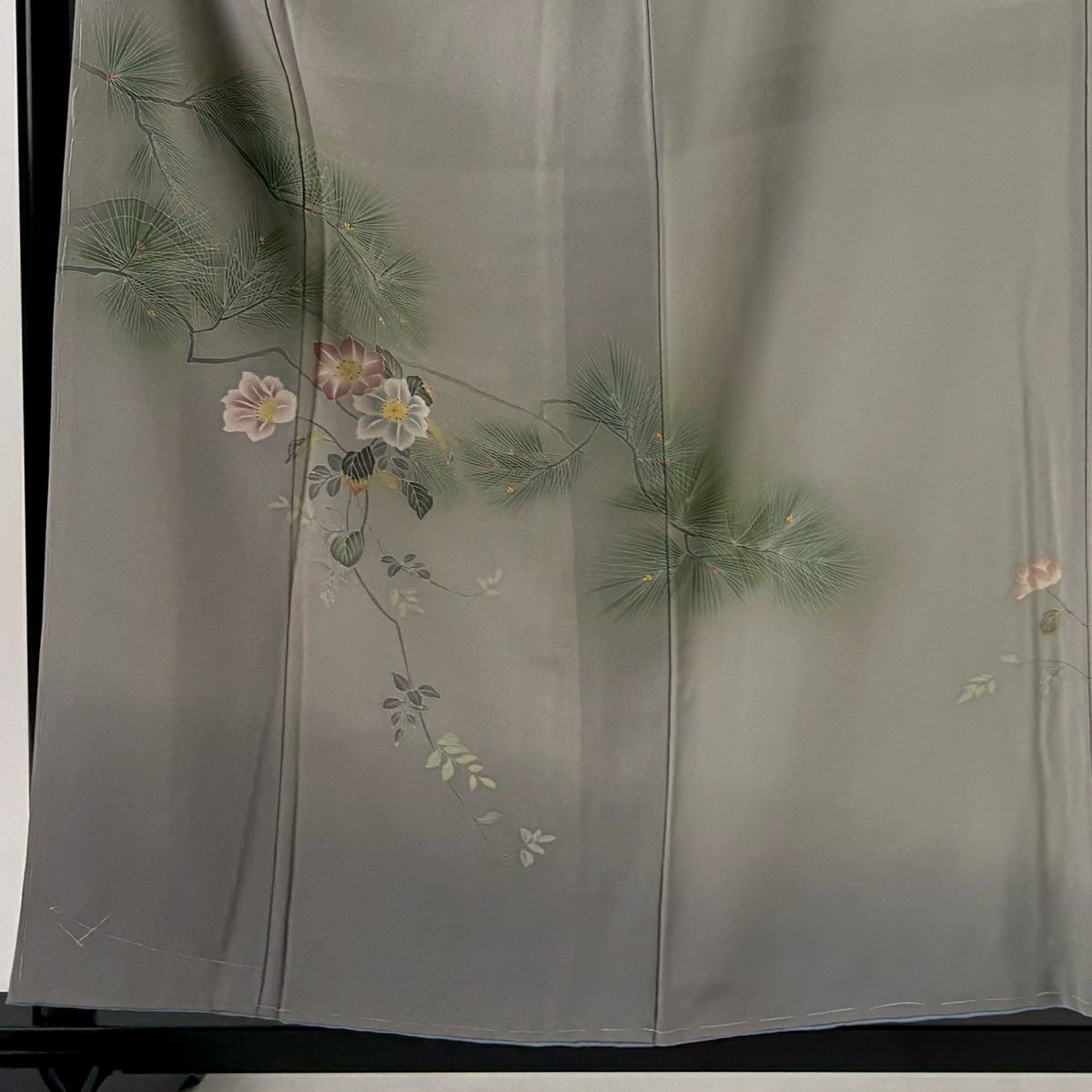 訪問服 身長158cm 袖長62cm S 雙層 落款あり 松樹枝花 漸層 灰綠 純蠶絲 秀品級 一つ紋