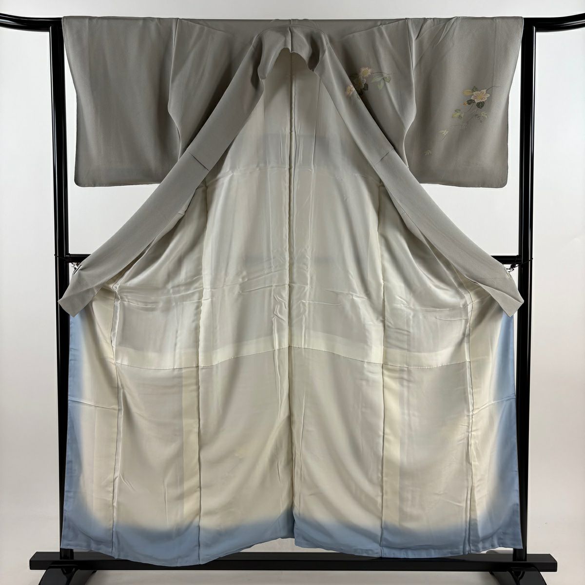 訪問服 身長158cm 袖長62cm S 雙層 落款あり 松樹枝花 漸層 灰綠 純蠶絲 秀品級 一つ紋