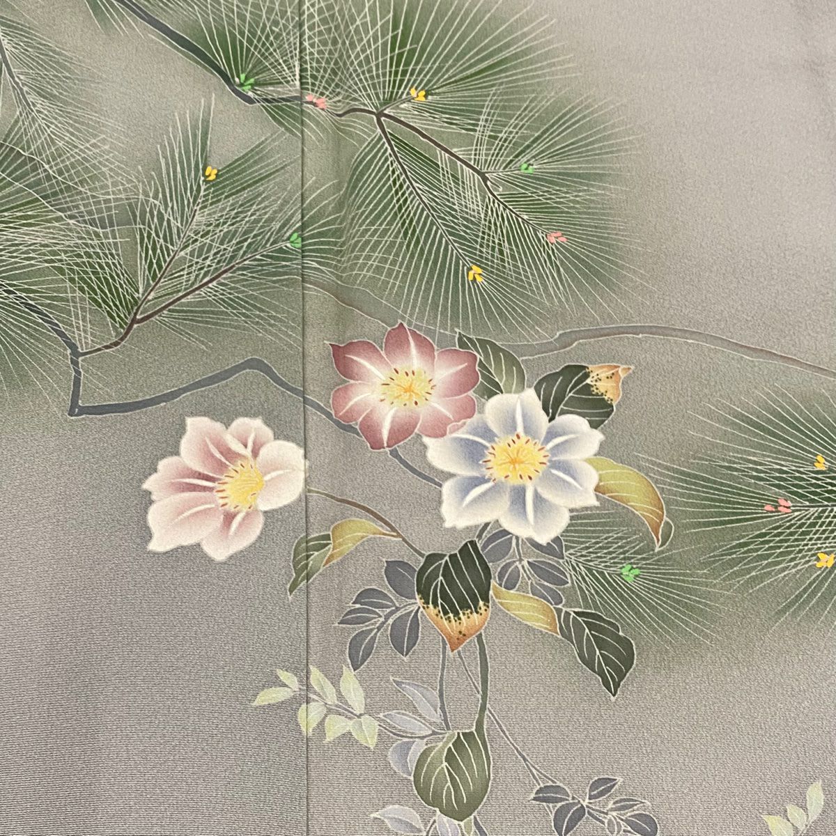 訪問服 身長158cm 袖長62cm S 雙層 落款あり 松樹枝花 漸層 灰綠 純蠶絲 秀品級 一つ紋