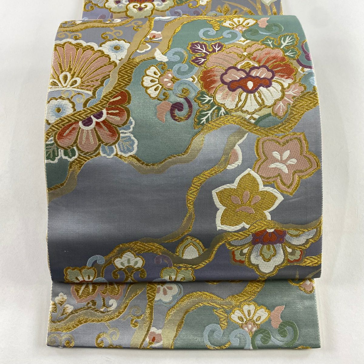 【美品】 袋帶 秀品級 花唐草紋 枝梅花 金絲 金金箔 青灰 六通 純蠶絲